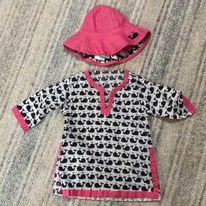 Pottery barn kids whale beach cover-up and hat, size 6-12 months